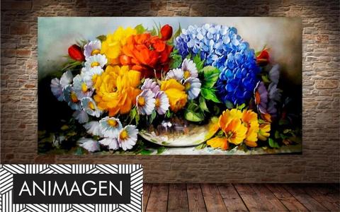Elegante cuadro efecto espatulado Arreglo de Flores tonos vivos ideal para decorar tu alcoba o habitación 2710