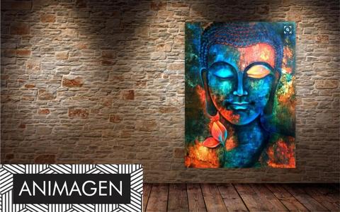 Moderno cuadro efecto espatulado Buda tonos Azules y Naranjas ideal para decorar tu alcoba o habitación 2702