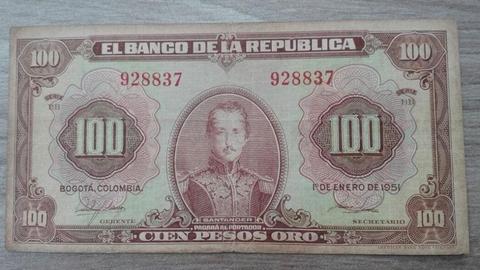 Billete Antiguo Colombiano 100 Pesos 1951 Rojo Santander Exelente Estado. TIENDA EXONICA