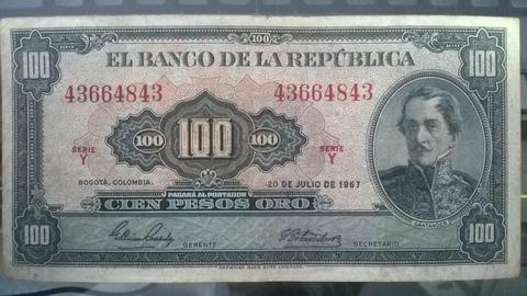 BILLETE ANTIGUO COLOMBIANO 100 PESOS ORO 1967 TIENDA EXONICA