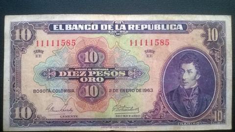 Billete Antiguo Colombiano 10 Pesos 1963 Morado Como Bueno. TIENDA EXONICA