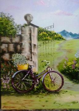 Pintura bicicleta. Oleo sobre lienzo con espatula