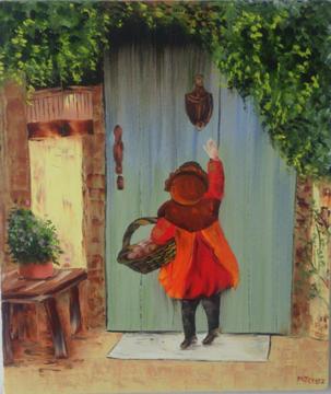 Pintura niña a la puerta. Oleo sobre lienzo con espatula 60x70cm