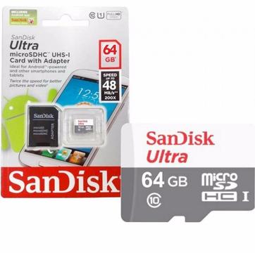 Micro SD De 64GB ORIGINALES, CLASE 10 SanDisk Ultra, Memoria Soporta Full HD, 4K, Garantizadas, Nuevas