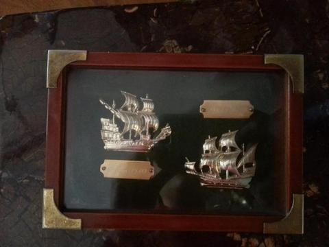 CUADRO ANTIGUO DE BARCO BRONCE Y MADERA GALEON 1540 CORTE INGLES