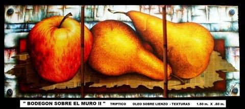 BODEGON SOBRE EL MURO II Triptico oleo sobre lienzo texturas 1.50 m. x .60 m