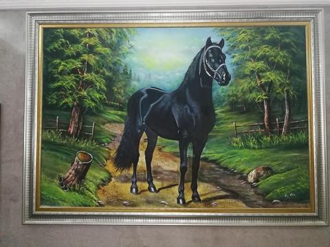 CUADRO DE CABALLO NEGRO PINTURA EN OLEO