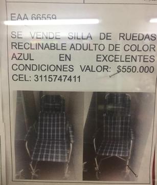 Vendo Silla de Ruedas Reclinable 499.000
