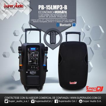 Cabina Activa Recargable y Portable de 15 pulg, PRO DJ PB 15L MP3 B U Incluye dos micrófonos inalambricos