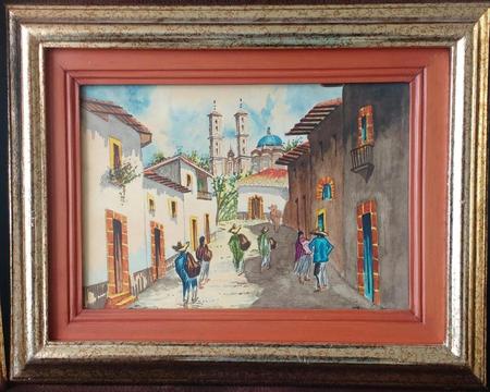 Regalo Acuarela Original mexicana, acuarela Mexicana, calle con habitantes