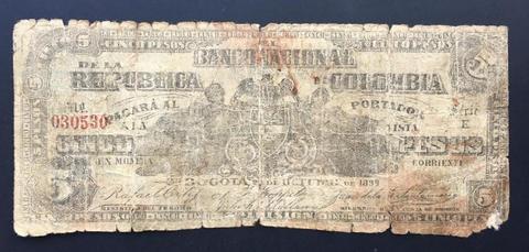 Billete de Colombia 5 pesos Banco Nacional de la república de Colombia