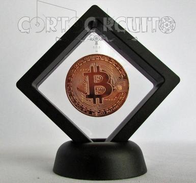 Combo Exhibidor Mostrador Flotante Y Moneda Conmemorativa Bitcoin Bronce