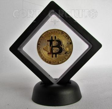 Combo Exhibidor Mostrador Flotante Y Moneda Conmemorativa Bitcoin Dorado