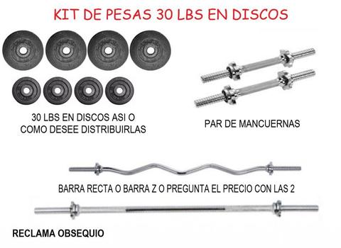 MINI KIT DE PESAS: 30 LBS EN DISCOS – PAR DE MANCUERNAS – BARRA RECTA DE 150 CM O BARRA Z