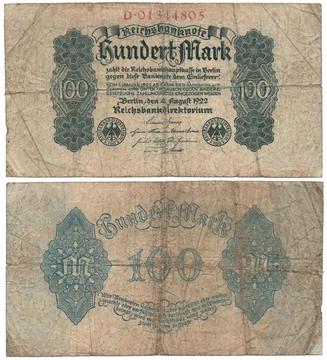 ALEMANIA. BILLETE. 100 MARCOS. 1922 AGO 04. ESTADO 5 DE 10. VALOR 30300 35200 VALOR CATALOGO