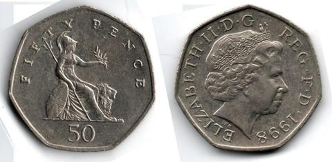 REINO UNIDO. MONEDA. 50 PENCE. 1998. FIGURA SENTADA. 64 M UNIDADES. ESTADO 7 DE 10. VALOR 7900