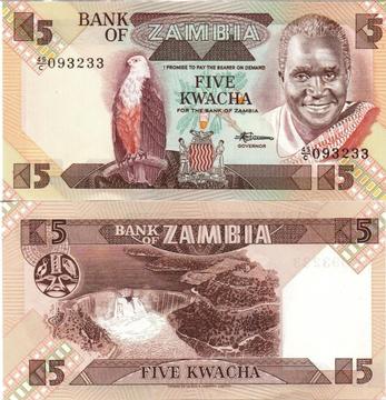 ZAMBIA. BILLETE. 5 KUACHA. 1980 AL 1988. FIRMAS TIPO D. ESTADO 9 DE 10. VALOR 13200 13900 VALOR CATALOGO