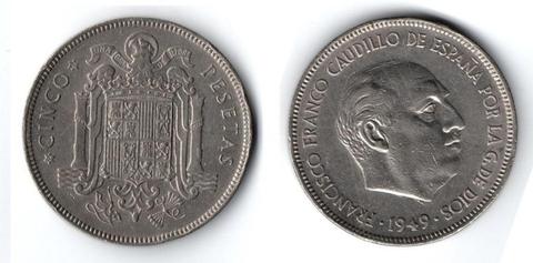 ESPAÑA. MONEDA. 5 PESETAS. 1949 1949. 612 K UNIDADES. 6 DE 10. VALOR 62400. 96000 EN CATALOGO