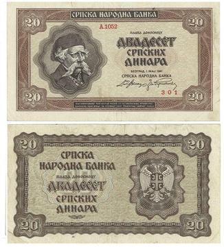 SERBIA. BILLETE. 20. 1941 MAY 01. ESTADO 7 DE 10. VALOR 53900 78400 EN CATALOGO