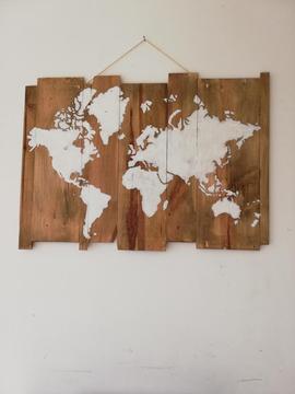 Cuadros, pintura, Mapa Mundi, mundo vintage en madera y pintado a mano