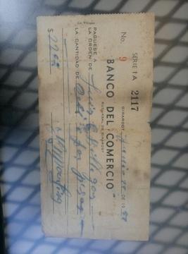 Antiguo Cheque Girado Bco Comercio 1951