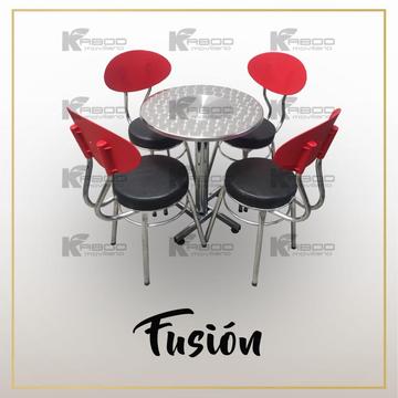 Colección fusión, mesas y sillas, diferentes colores, diferente material
