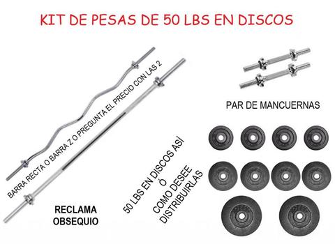 KIT PAR DE MANCUERNAS – 50 LBS EN DISCOS – BARRA RECTA DE 150 CM O BARRA Z DE 120 CM - OBSEQUIO