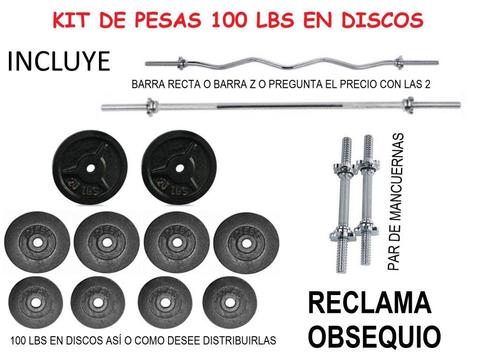 COMPLETO Kit de Pesas Obsequio: 1 Barra Recta, 2 Barra Mancuernas, 100 Lbs de Peso en Discos Totalmente Nuevos