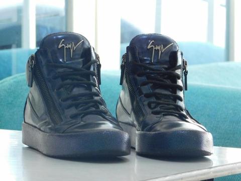 Zapatos ORIGINALES Italianos Giuseppe Zanotti Blue Vegas Patent Leather Mid-Top Sneakers for men De Diseñador Lujo